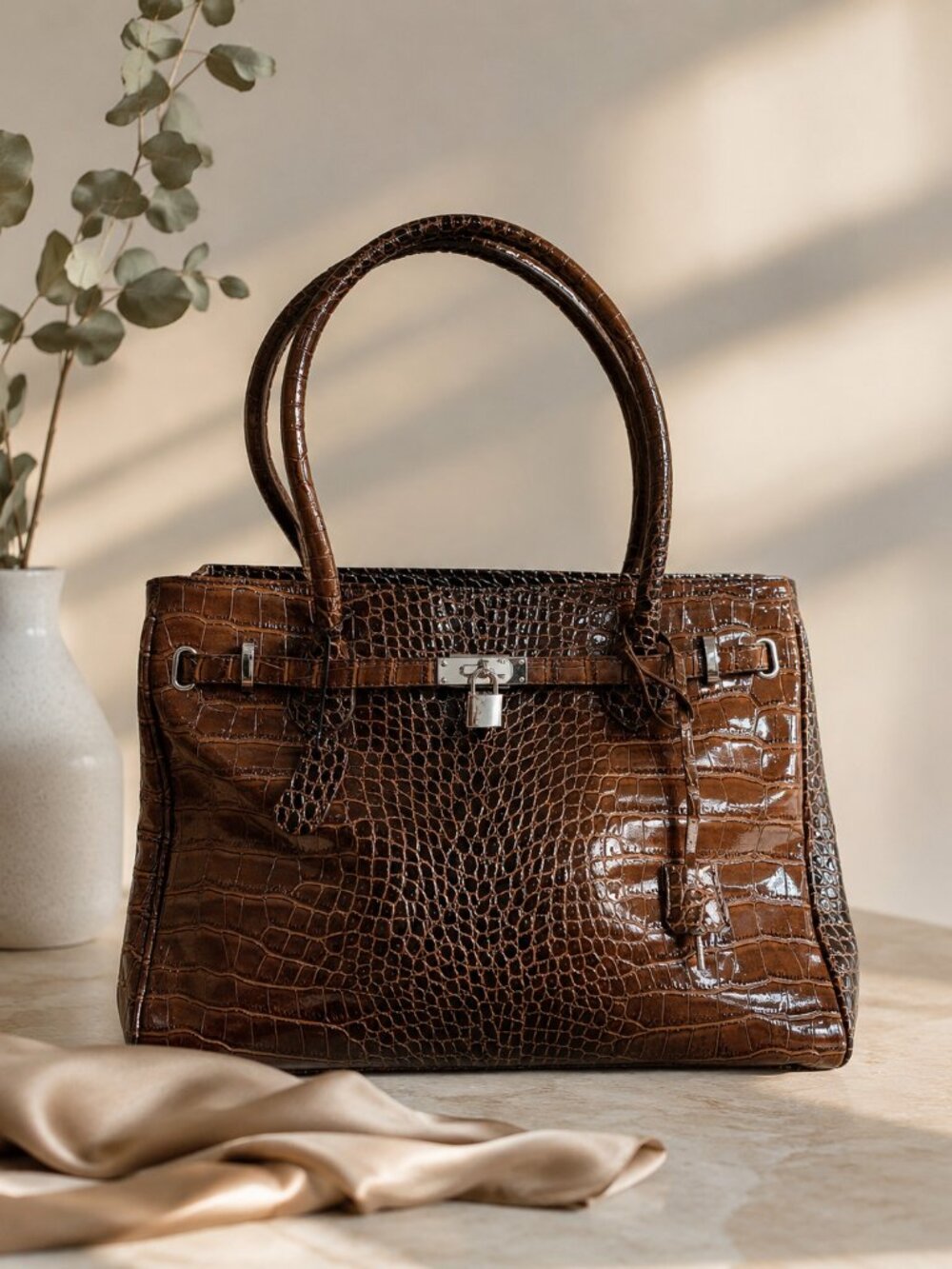 Faux patent leather croc embossed brown satchel quiet luxury minimalist bag